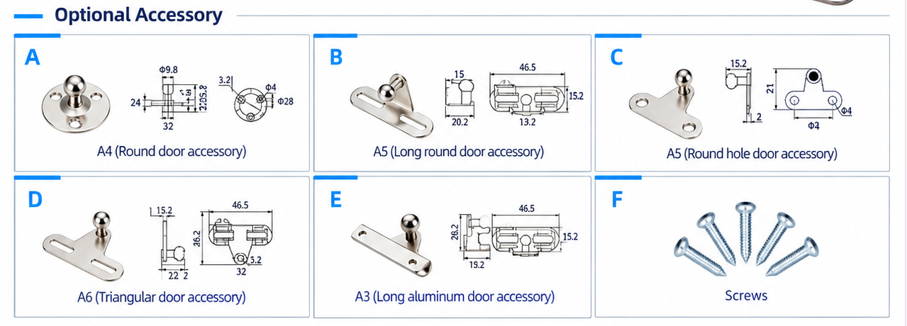 Cabinet Gas Strut / Gas Spring · Optional fittings A–F