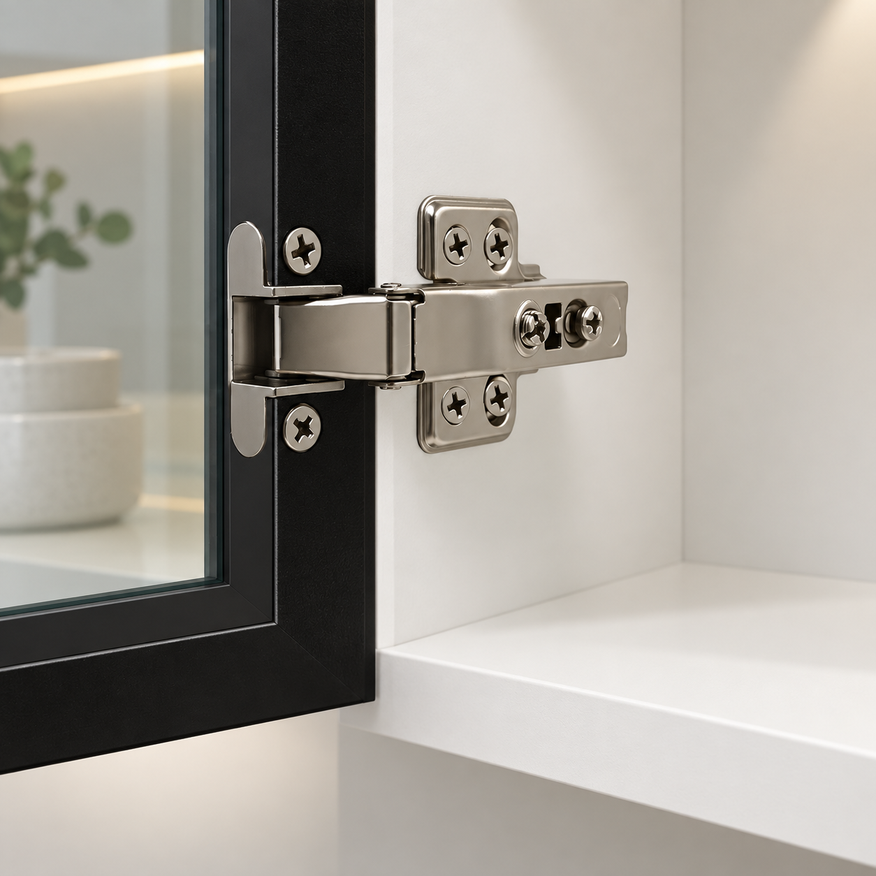 Stainless steel one-way self-closing hydraulic soft close hinge installed on a aluminium-frame glass cabinet door