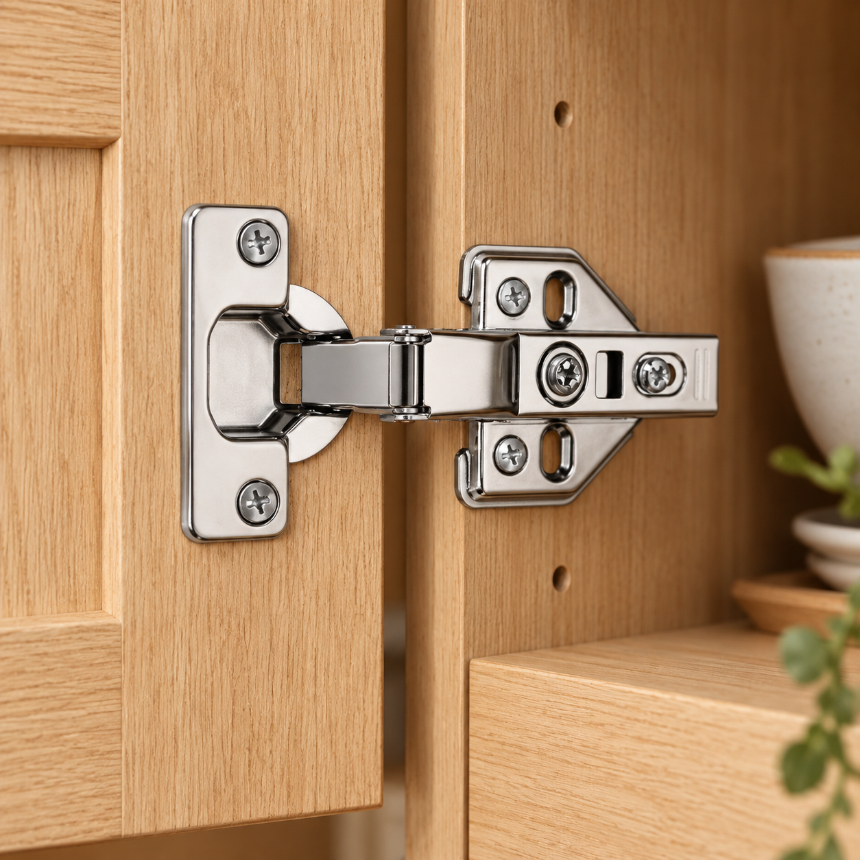 Stainless steel one-way self-closing hydraulic soft close hinge installed on a wooden cabinet door
