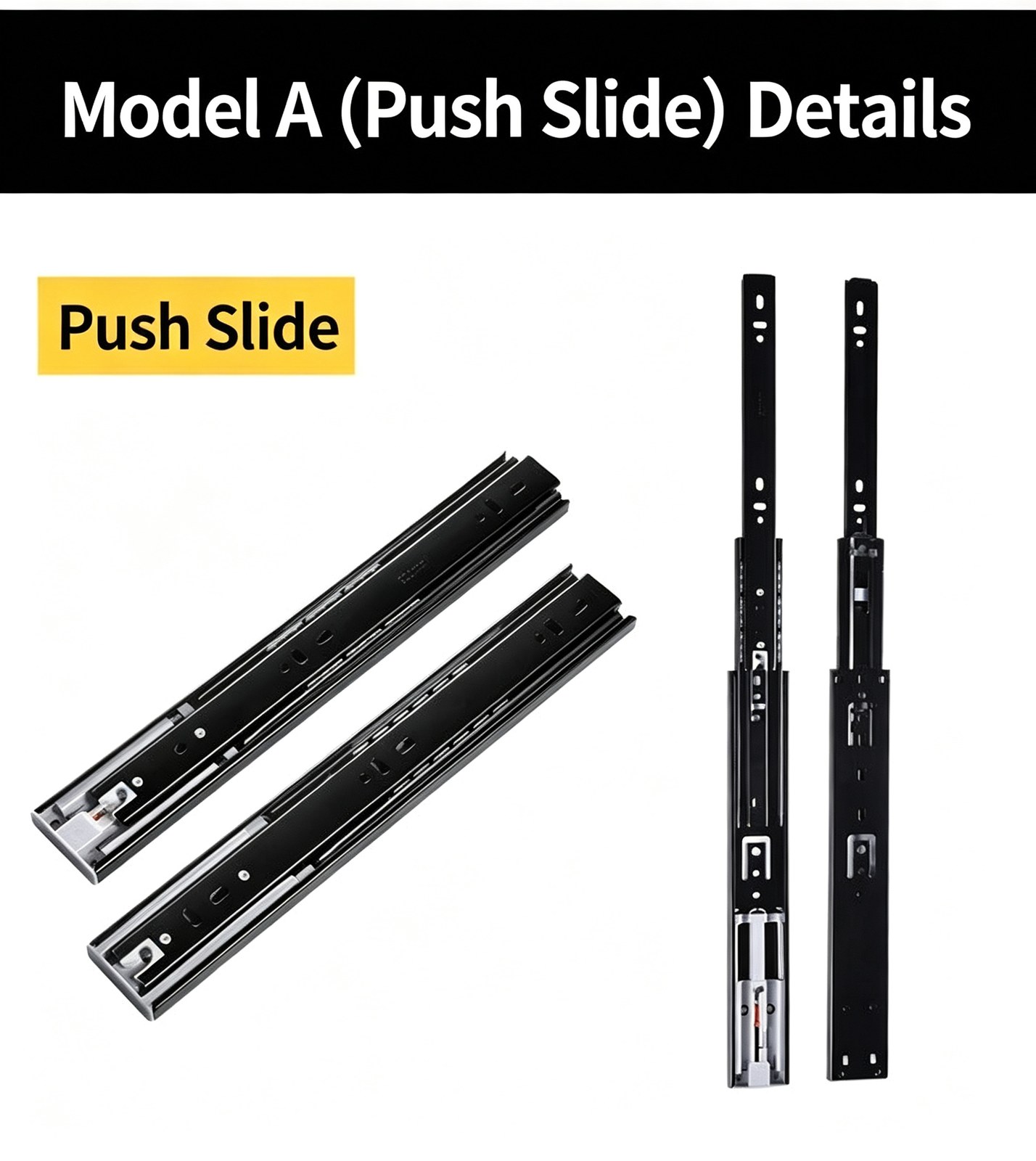 Push-to-open slide structure and ball-bearing construction.